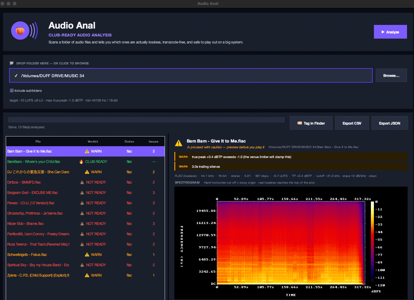 Audio Anal app — file list with CLUB READY, WARN and NOT READY verdicts alongside a spectrogram showing a brick-wall cutoff